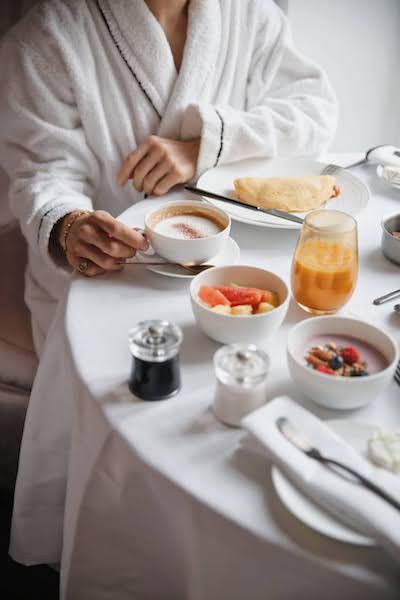 breakfast in room service bathrobe Fauchon L’Hôtel in Paris france