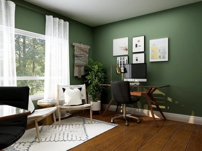 collov home design green paint in home office with white curtains and wood floor - East End Taste Magazine