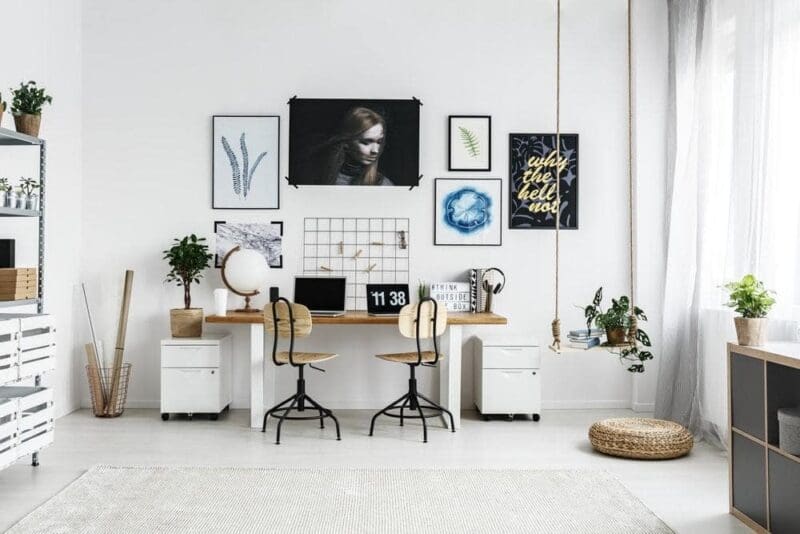 interior home office design ideas white room curtains rug artwork - East End Taste Magazine
