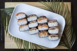 four musubis at noreetuh Hawaiian restaurant in NYC lower east side