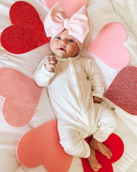 baby valentine's day hearts blanket with big bow on head