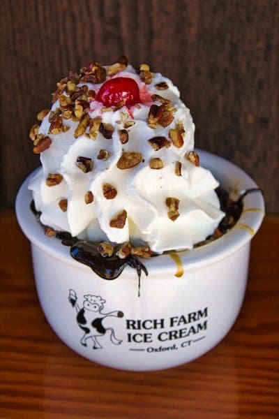 rich farm ice cream hot fudge nut sundae