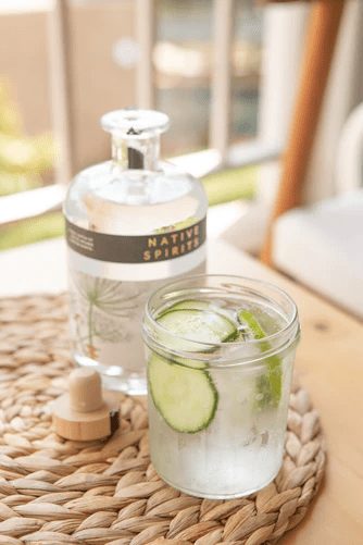 cucumber gin and tonic glass with bottle display