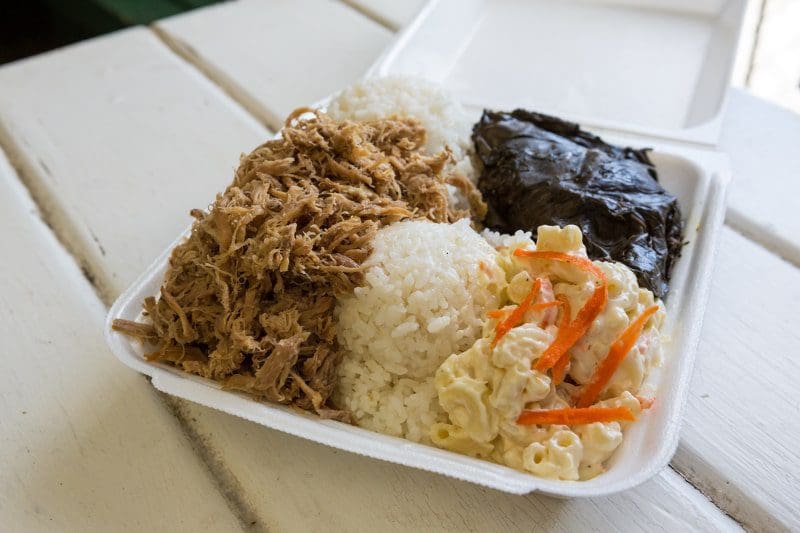 Hawaiian food plate lunch of kalua pork, lau lau
