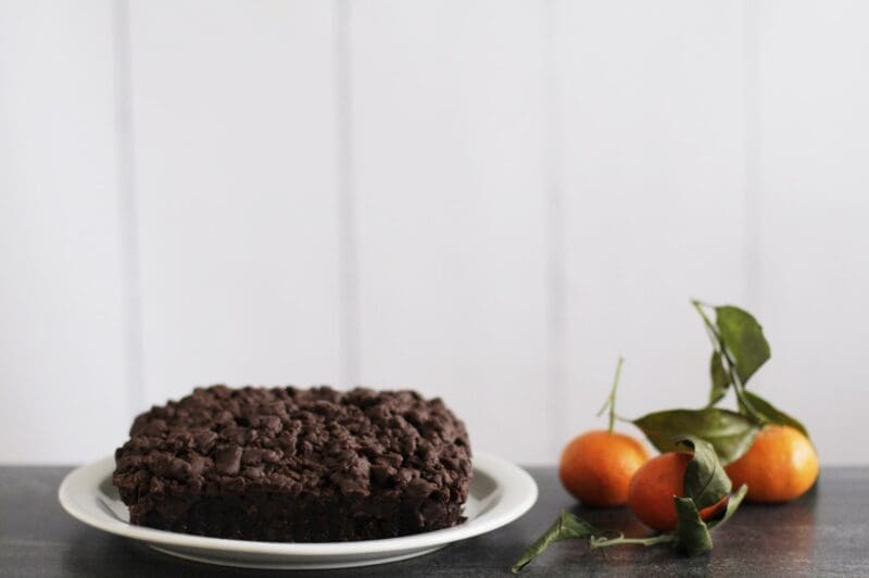 blackout cake with mandarin oranges white background