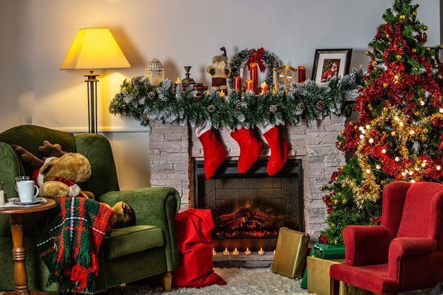 christmas tree in living room cozy stockings