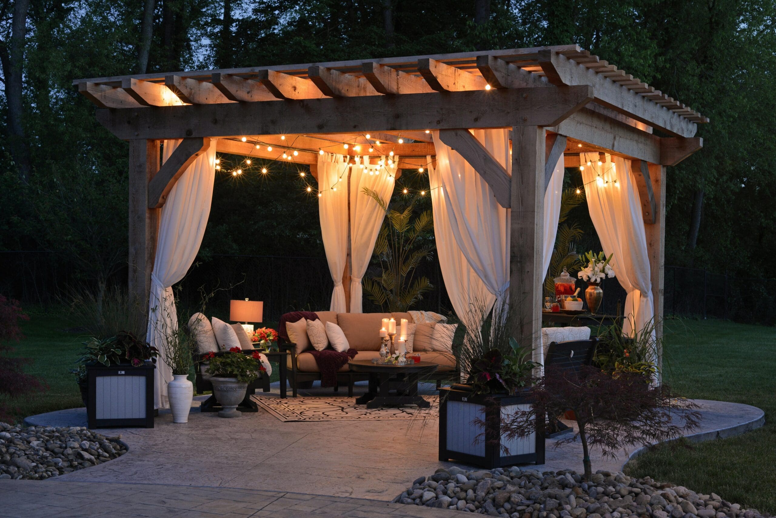covered luxury patio at night