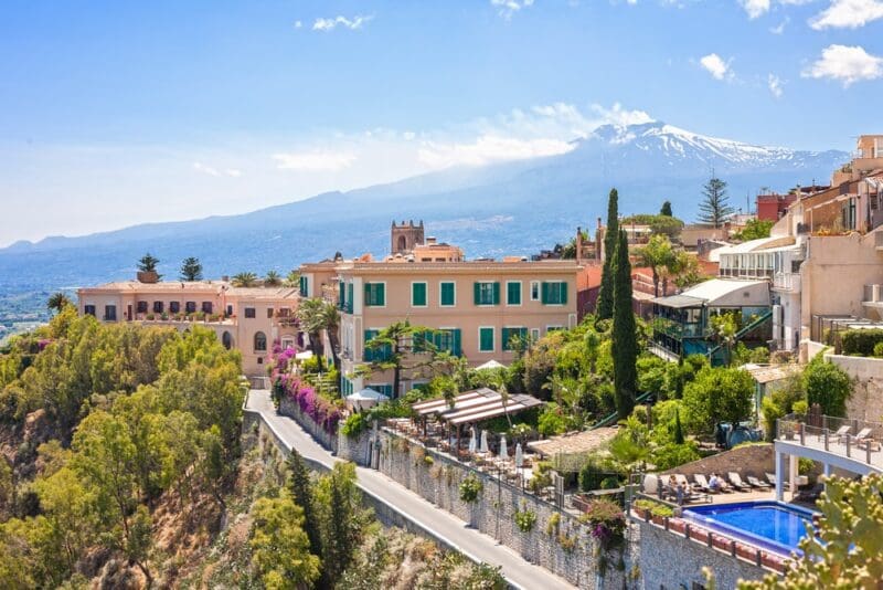 Taormina with Etna volcano in Italy