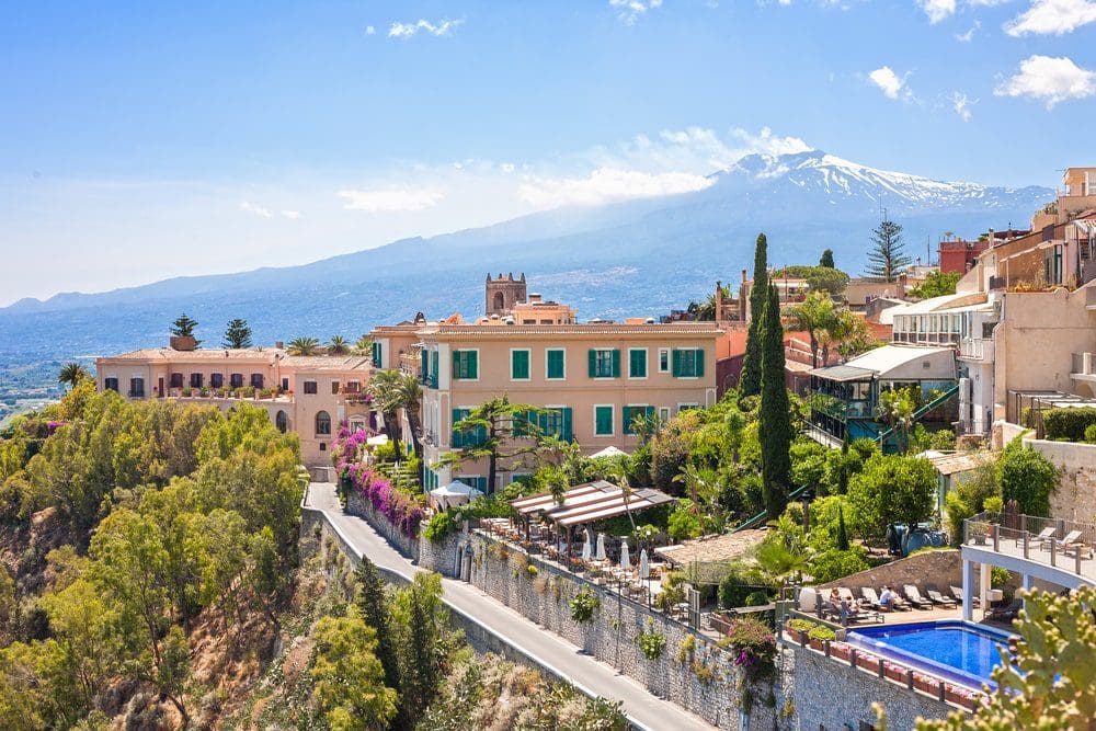 Taormina with Etna volcano in Italy