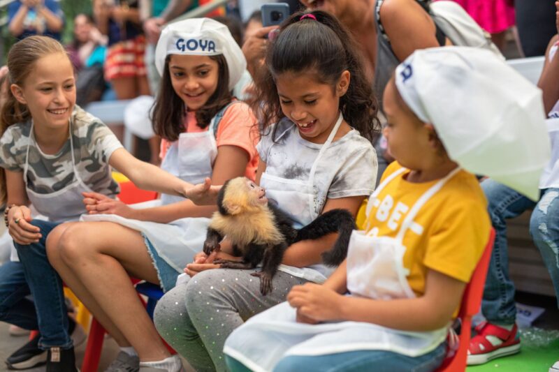 Kids wearing Goya branded aprons chef hats