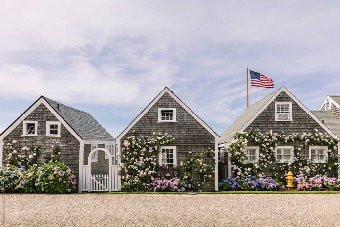 Nantucket Island Massachusetts with Roses in Bloom on Home and American Flag