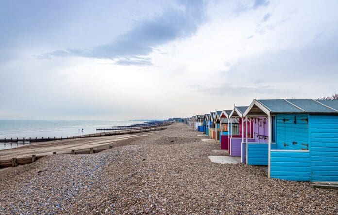 View of a colorful cabin on the seaside in England, UK
