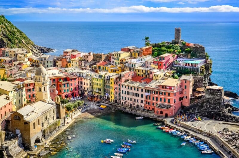Scenic view of ocean and harbor in colorful Vernazza