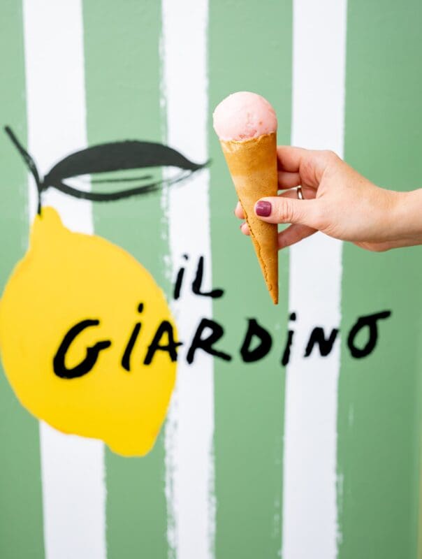 Italian gelato with lemon green white stripes in background