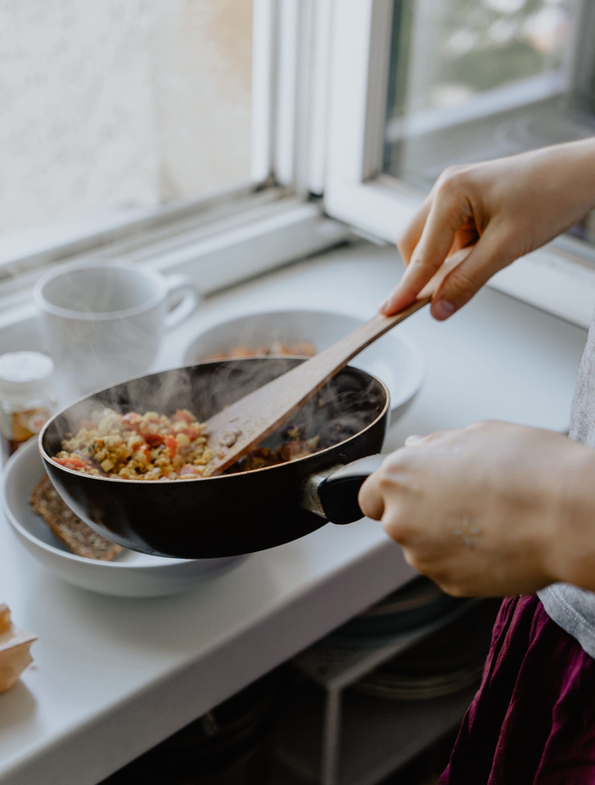cooking vegetables with frying pan
