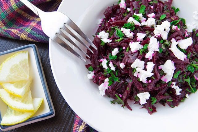 Delicious healthy beetroot salad with feta cheese and parsley