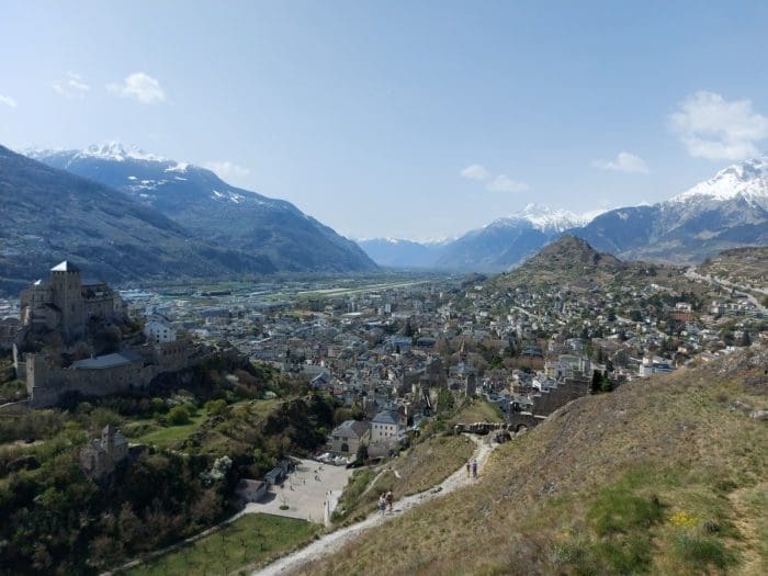 View on Sion and Chateaux Valère from Tourbillon Castle