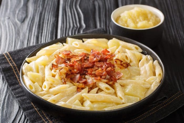 Authentic Swiss alplermagronen is pasta with potatoes and cheese