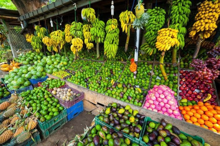 Many tropical fruits in outdoor market