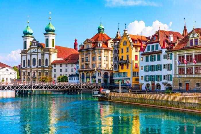 Scenic summer aerial panorama of the Old Town Lucerne Switzerland