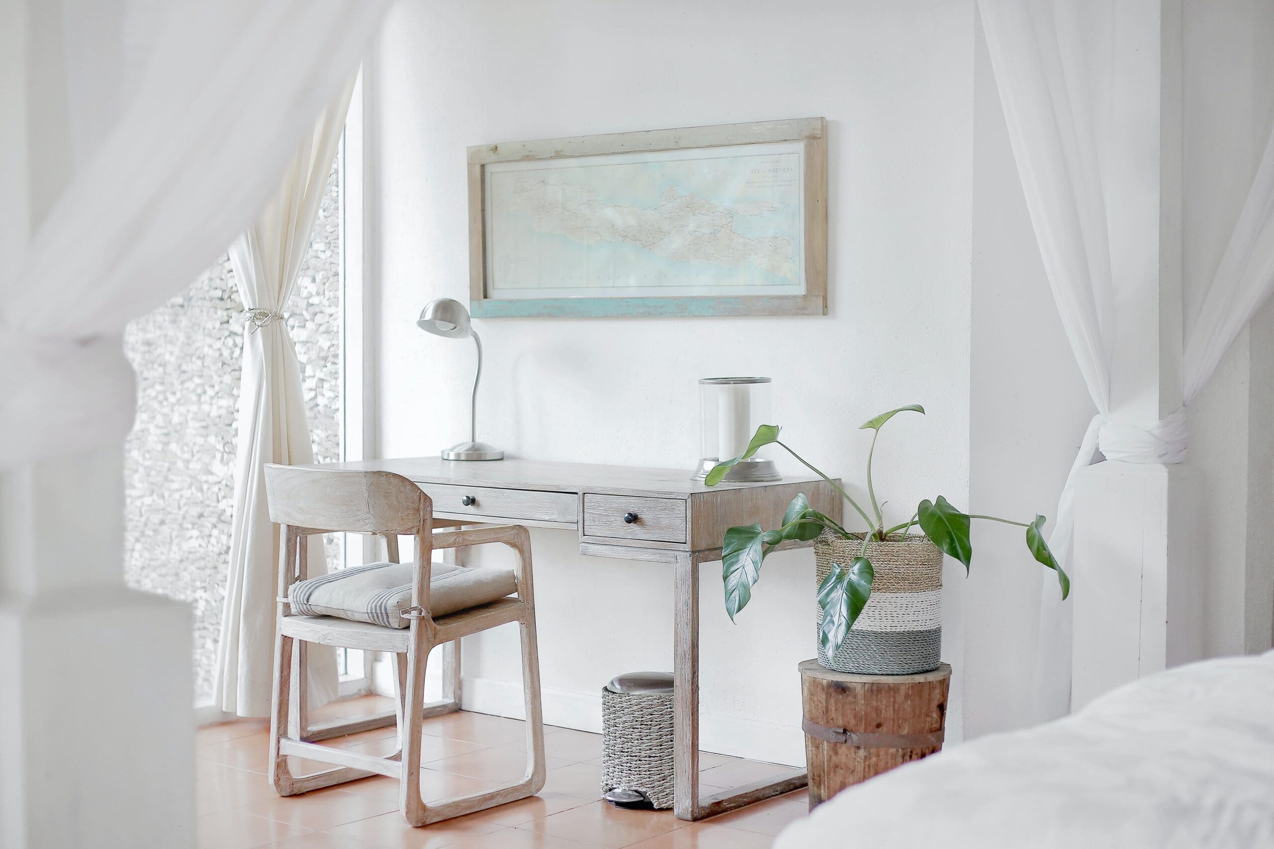 beautiful natural light bedroom with white detailing hamptons desk
