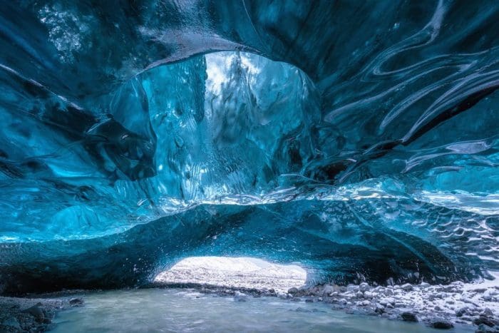 Inside an ice cave in Vatnajokull, Iceland, the ice is thousands of years old