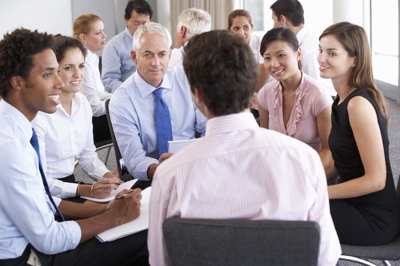 Two business interacting at a conference