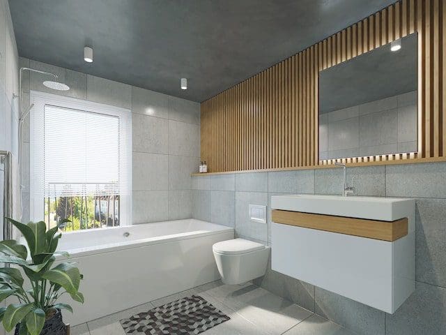 modern bathroom with dim lighting white bathtub