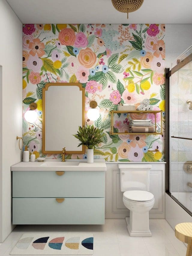 floral wallpaper bathroom sink toilet shower modern touches