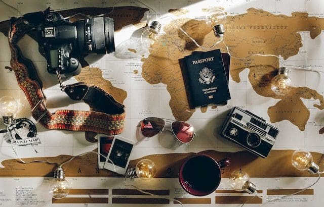 map of the world with camera passport