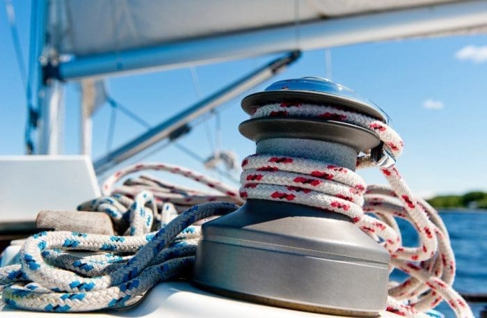 Winch with rope on sailing boat