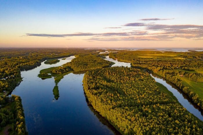 Aerial drone view overlooking islands on the Kirkkopudas river