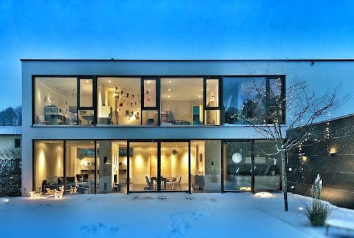designer modern home with lights on