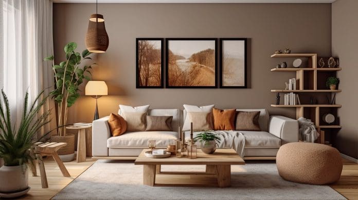 living room with beige and brown tones