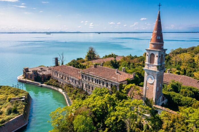 Aerial view of the plagued ghost island of Poveglia in Venice