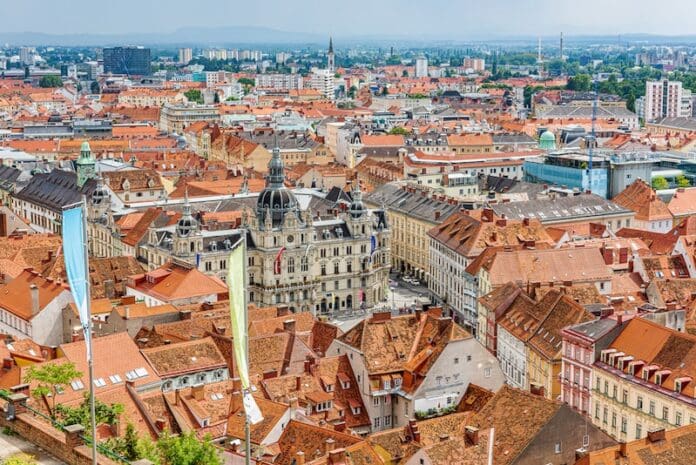 Aerial view of the old town of Graz, from the Schlossberg, in Styria, Austria