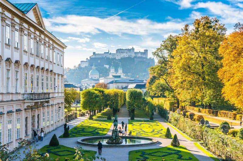 Famous Mirabell Gardens with historic Fortress in Salzburg