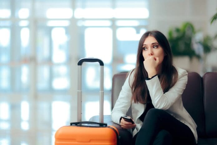 Sad Melancholic Woman with Suitcase in Airport