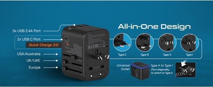 universal travel adapter blue background