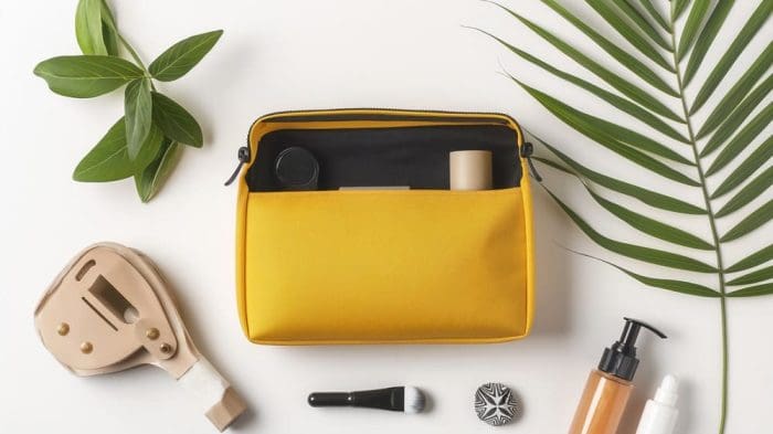Yellow cosmetic bag with makeup items, surrounded by green