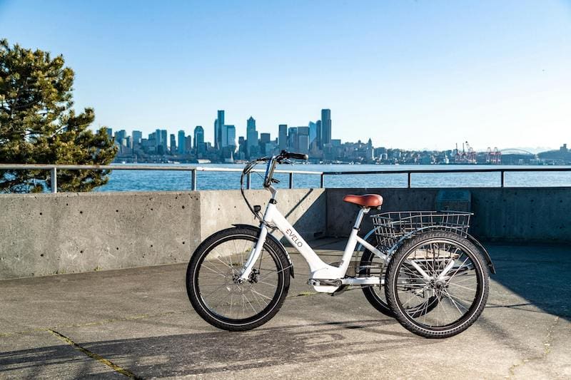 A white bicycle with a city skyline in the background